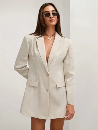 COSMINA 女士纯色缺口领长袖正面纽扣仿口袋简约熊西装夹克