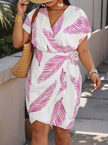 SHEIN Clasi 大码女式热带植物印花裹身系带沙滩裙 - 玫紅色 - 查看 3