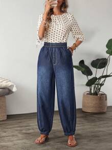 SHEIN LUNE Elastic Waist Casual Jeans With Pockets, Minimalist Design