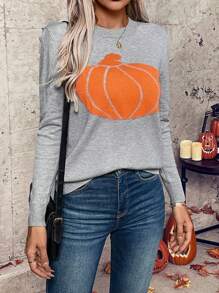 Chiquease 女士圆领长袖南瓜印花休闲套头毛衣