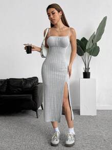 SHEIN EZwear 1 pieza Vestido gris de punto con tirantes finos y abertura alta para mujer - Gris - Ver 5