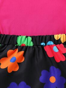 女婴优雅高领罗纹上衣，泡泡袖和花卉印花裙套装，秋冬 - 彩色 - 查看 6