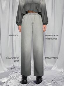 SHEIN Teen Girls Ombre Retro Loose Fit Bleached Denim Effect Sweatpants, Can Be Paired With Shoulder Bag, Backpack, Crossbody Bag, Baseball Cap, Bucket Hat, Beret, Ankle Boots, Oxfords, Sunglasses, Headphones - Multicolor - View 2