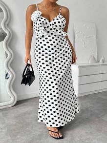 Celure Plus Size Women Elegant 3D Floral Decor Ruffle Hem Polka Dot Slip Dress - White - View 5