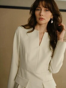 MOTF STUDIO SOLID NOTCH NECK FLAP DETAIL FOLD PLEATED SHORT DRESS - Yellow - View 4