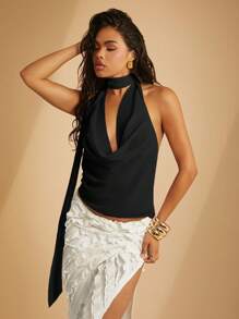 Hauture Exaggerated Sash Cowl Neck Chiffon Top