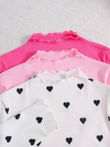 SHEIN 3件套少女纯色高领爱心图案休闲长袖T恤套装，适合学校、校园、学院风秋冬穿着 - 西瓜粉 - 查看 4