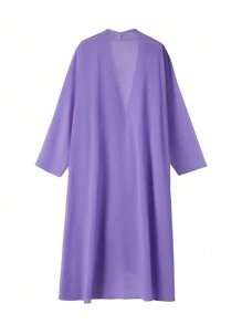 Plus Size Vacation Casual Solid Color Jacket And Floral Print Dress 2-Piece Set - Purple - View 6