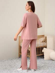 SHEIN 2pcs Maternity Elegant Commuting Elastic Waist Crew Neck Loose Fit Set - Pink - View 2