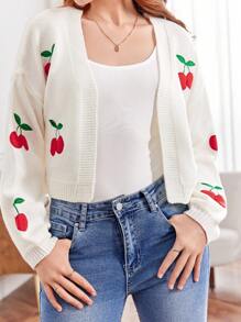 SHEIN Girlism Teen Girls White & Red Cherry Fruit Pattern Embroidered Versatile Cardigan Sweater,In Fall/Winter