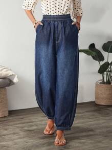 SHEIN LUNE Elastic Waist Casual Jeans With Pockets, Minimalist Design