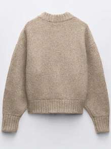 INAWLY 女士纯色前拉链长袖休闲衬衫、长袖上衣 - 杏色 - 查看 2