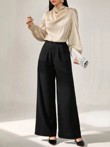 Modelyn 2 件套女士纯色荷叶边领灯笼袖衬衫和阔腿裤优雅办公室服装 2 件套 - 彩色 - 查看 6