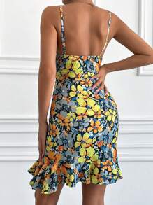 EURMUSE Women's Spaghetti Strap Backless Sleeveless Allover Allover Print Ruched Fitted Dress - Multicolor - View 2