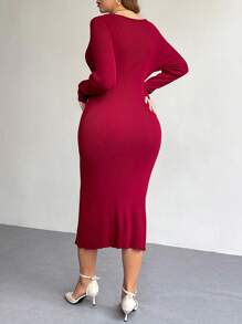 SHEIN Privé Plus Size Women Thermal Red Floral Print Bodycon Midi Dress, Elegant & Romantic For Party, Tea Time, Christmas Occasion, For Winter - Red - View 3