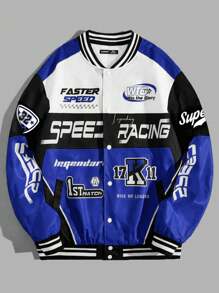 SHEIN 青少年男童休闲拼接撞色棒球夹克，赛车标志印花长袖罗纹腰带运动外套 - 寶藍色 - 查看 1