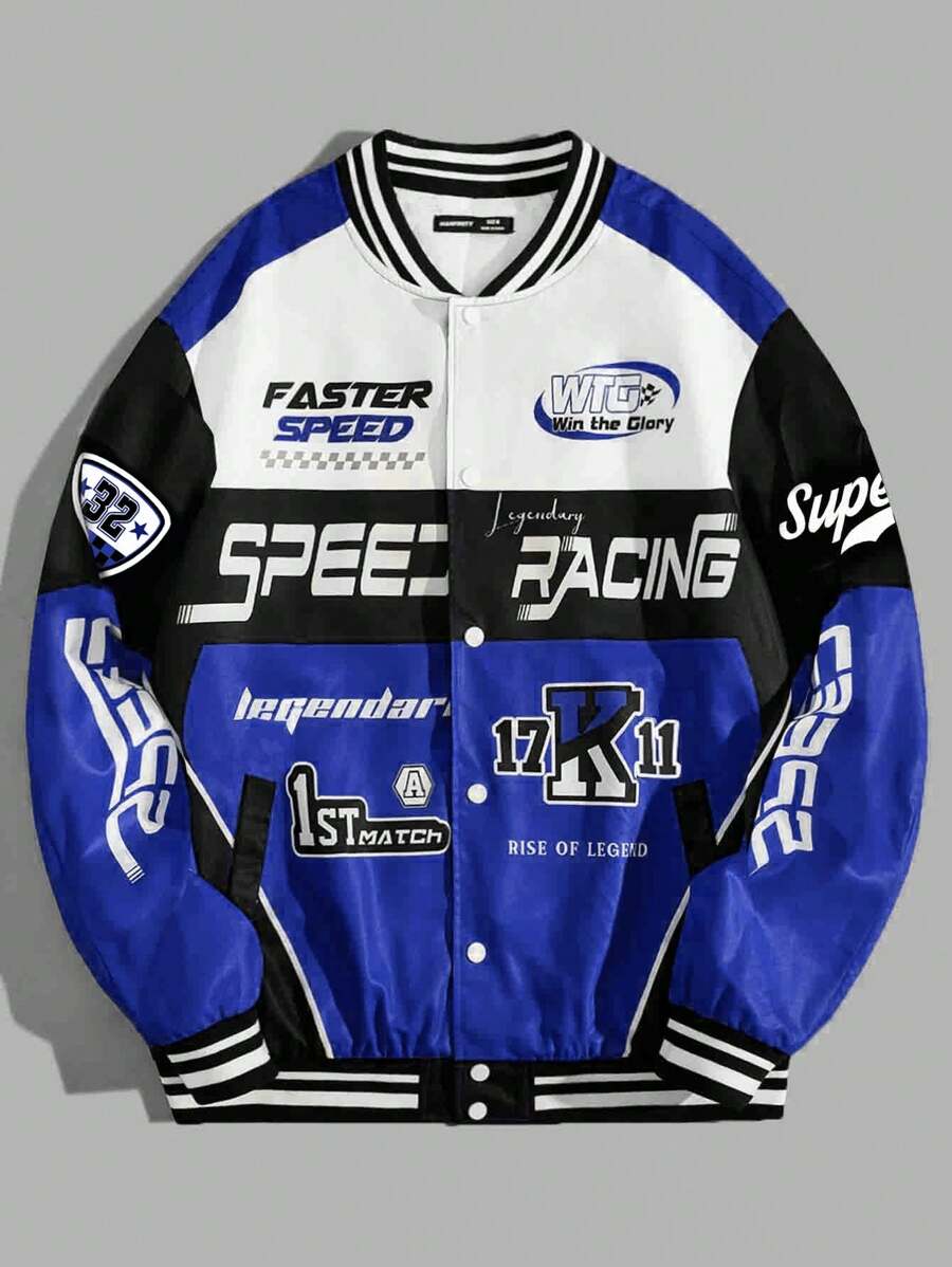 SHEIN 青少年男童休闲拼接撞色棒球夹克,赛车标志印花长袖罗纹腰带运动外套 - 寶藍色 - 查看 1