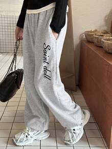 DAZY Tween Girl Letter Print Fleece Sweatpants, Fall Outfit - Grey - View 3