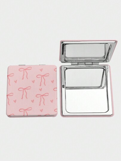 Kawaii 1 Pezzo Specchio quadrato per il trucco con motivo a fiocco rosa e cuore, specchio portatile da tenere in mano per ragazze (posizionamento del motivo casuale)