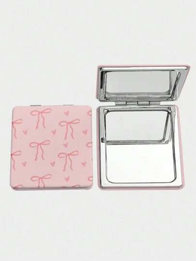 ROMWE Kawaii 1 pieza Espejo cuadrado de maquillaje con patrón de lazo y corazón rosa, espejo portátil de mano para niñas (colocación de patrón al azar)