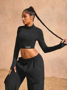 SHEIN Dewbera Áo nỉ dài tay thường ngày tối giản in họa tiết cho nữ, áo crop top đen dài tay mùa thu - màu đen - Xem 1