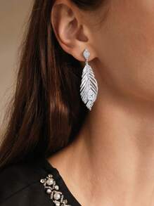 SHEIN Elegant Feather Design Rhinestone Decorated Silver-Tone Dangle Earrings - White - View 5