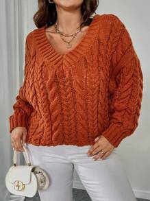 SHEIN Unity Plus Size Solid V-Neck Long Sleeve Minimalist Fall Sweater, Casual Everyday Wear, For Winter Knit Pullover - Orange - View 2