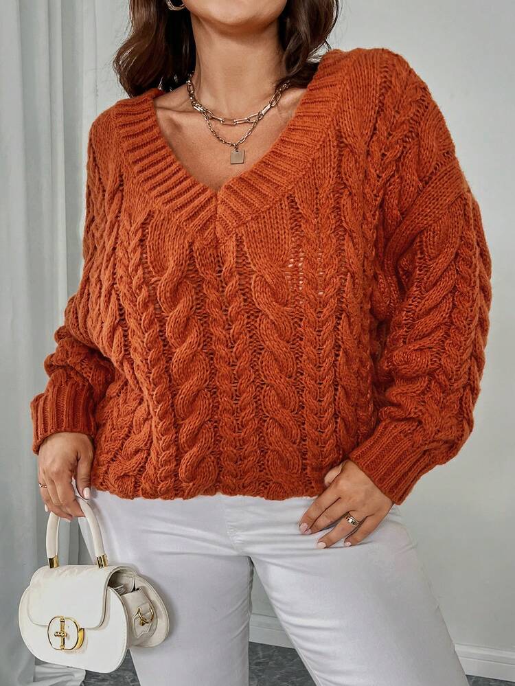 SHEIN Unity Áo len thu tay dài cổ chữ V trơn cỡ lớn, mặc thường ngày, mặc mùa đông - trái cam - Xem 2