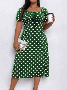 SHEIN Clasi 大码女式波尔卡圆点印花开衩短袖连衣裙 - 墨綠色 - 查看 3