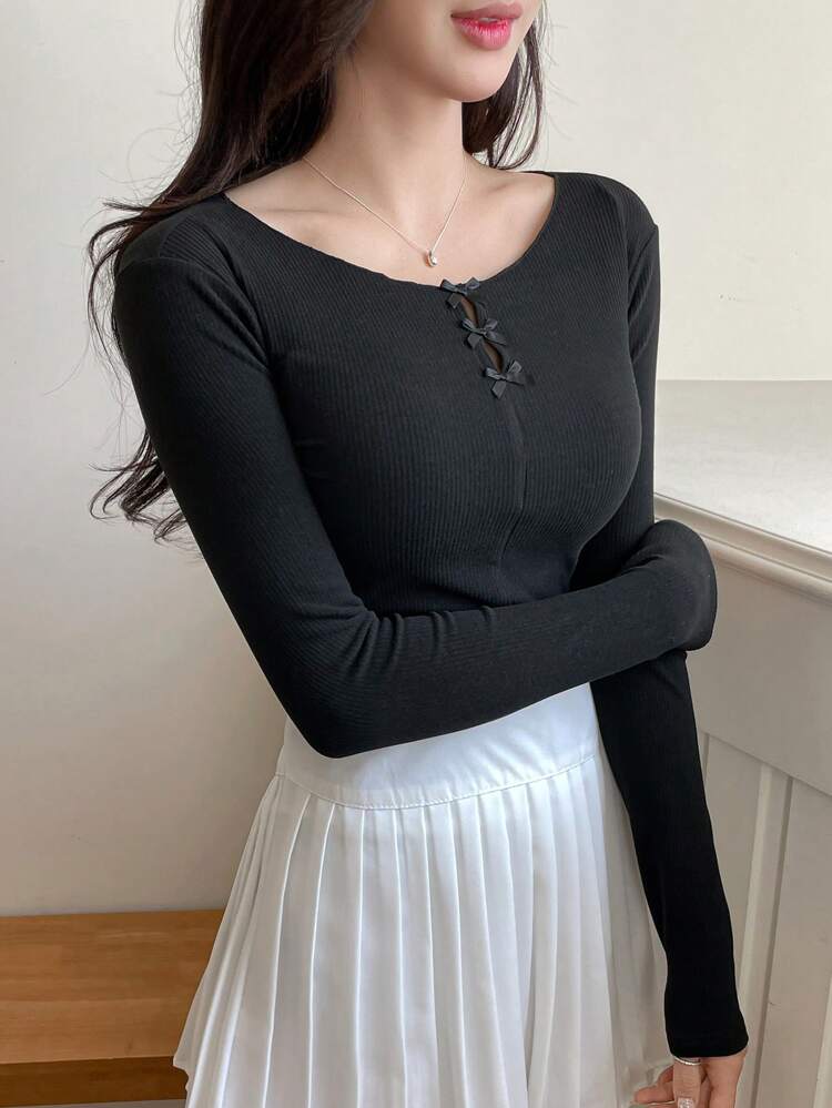 Women's Warm Bowknot Collar Cutout Solid Color Black Long Sleeve Fleece T-Shirt,Fall Women Clothes,Winter