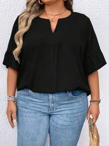SHEIN CURVE+ 大尺碼固色單排釦休閒夏季襯衫，有翻領 - 黑色 - 查看 5