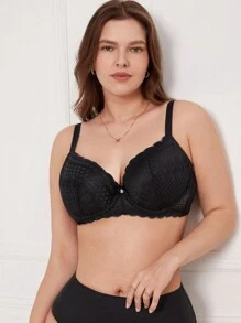 Plus Lace Panel Bow Front Scallop Trim Push Up Bra - Black - View 5