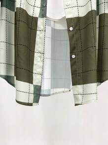 大码格子印花前扣卷袖休闲夹克 - 綠色 - 查看 4