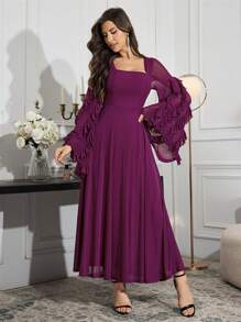 Modelyn Women's Solid Color Square Collar Ruffle Flare Sleeve Long Elegant Arabian Modest Dress Long Evening Dresses - Red Violet - View 5