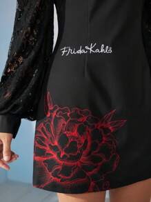 Frida Kahlo X SHEIN X Designer KATHARSIS 花朵和字母图案蕾丝拼布灯笼袖短裙，节日，派对，感恩节，生日服装，春季，节日 - 黑色 - 查看 8
