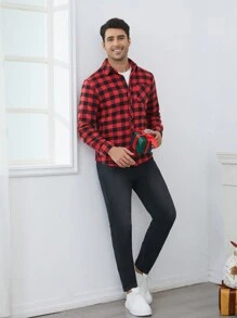 2 piezas Camisa casual con cuello a cuadros y pantalones largos de mezclilla, conjunto de padre e hijo