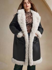 Anewsta Plus Size Women's Fur Trimmed Waist Length Regular Coat - Black - View 1