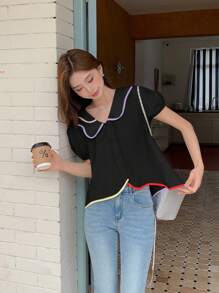 EastFlair 宽松休闲翻领拼色短款泡泡袖衬衫