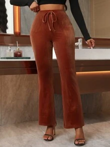 SHEIN Lady 女式纯色系带喇叭裤