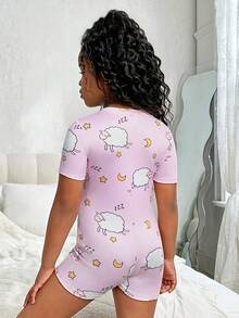 SHEIN Macaquinho Pijama Confortável com Decote V e Meia-Abertura para Meninas Pré-Adolescentes com Estampas Fofas de Ovelha e Estrela - Rosa chiclete - Visão 2