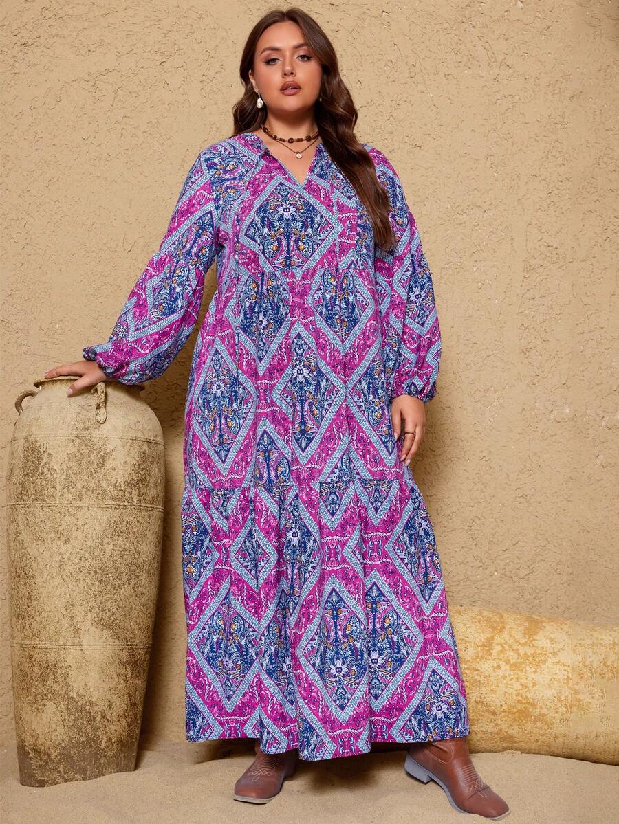 Plus Size Purple Casual Printed Dress For Women - Purple - View 1