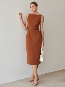 MOTF PREMIUM SOLID FLAP DETAIL BUCKLE BELTED MIDI DRESS