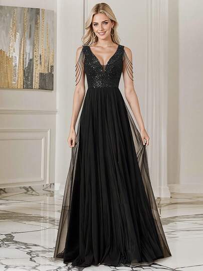 HOMEYEE Vintage Sleeveless V-Neck Sequin Mesh Evening Dress, Casual Cocktail Party Vacation Dress With Chain Decoration Black Elegant Formal Prom Wedding Guest Gown, For Graduation, Dinner