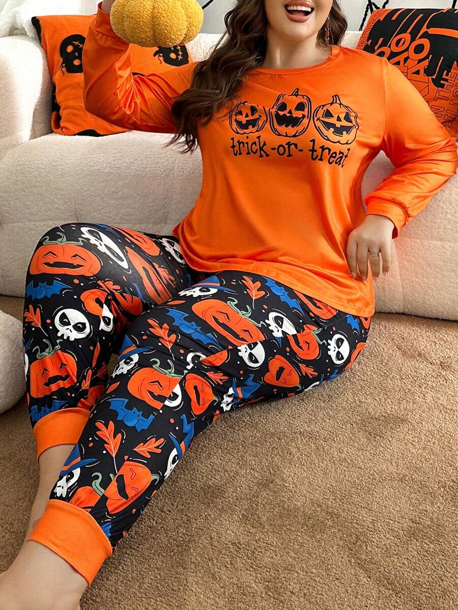 Plus Size Pumpkin Themed Long Sleeve Pajama Set, Fall Clothes, Halloween - Multicolor - View 1