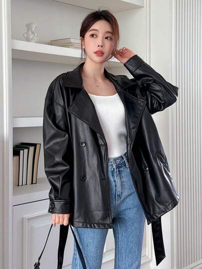 DAZY Black Casual Street Style Faux Leather Jacket For Women,Fall Clothes Women Coats