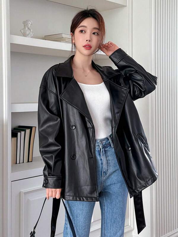 DAZY Black Casual Street Style Faux Leather Jacket For Women,Fall Clothes Women Coats