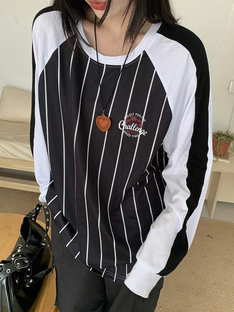 Women's Spring & Autumn Letter & Striped Oversized Crew Neck Long Sleeve Casual Sweatshirt,Fall Women Clothes