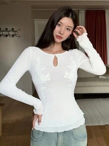 DAZY Double-Layer Mesh Lace Floral Hollow Out Ruffle Trim Fitted Pajama Top - White - View 6