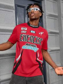 PAVTROS Manfinity Streetrush Men Mesh Athletic Fitted Stand Collar Round Neck Printed T-Shirt - Red - View 6