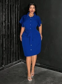 Maweii Plus Size Women's Solid Color Simple Casual Short Sleeve Dress - Blue - View 5